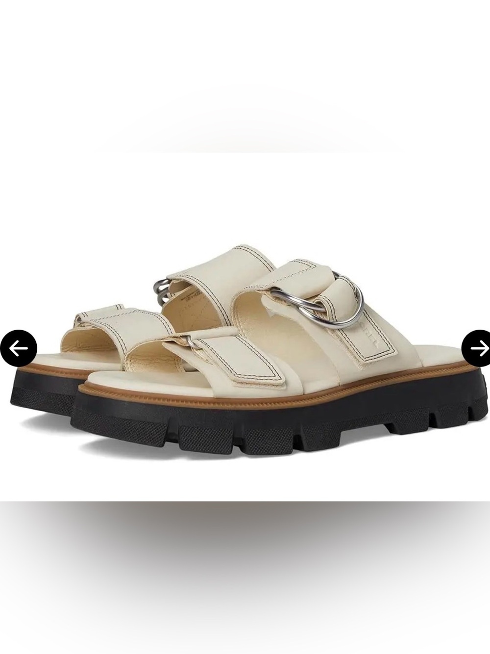 Sorel Cream Leather Double-Strap Lug Slide Sandals with Silver Buckles
